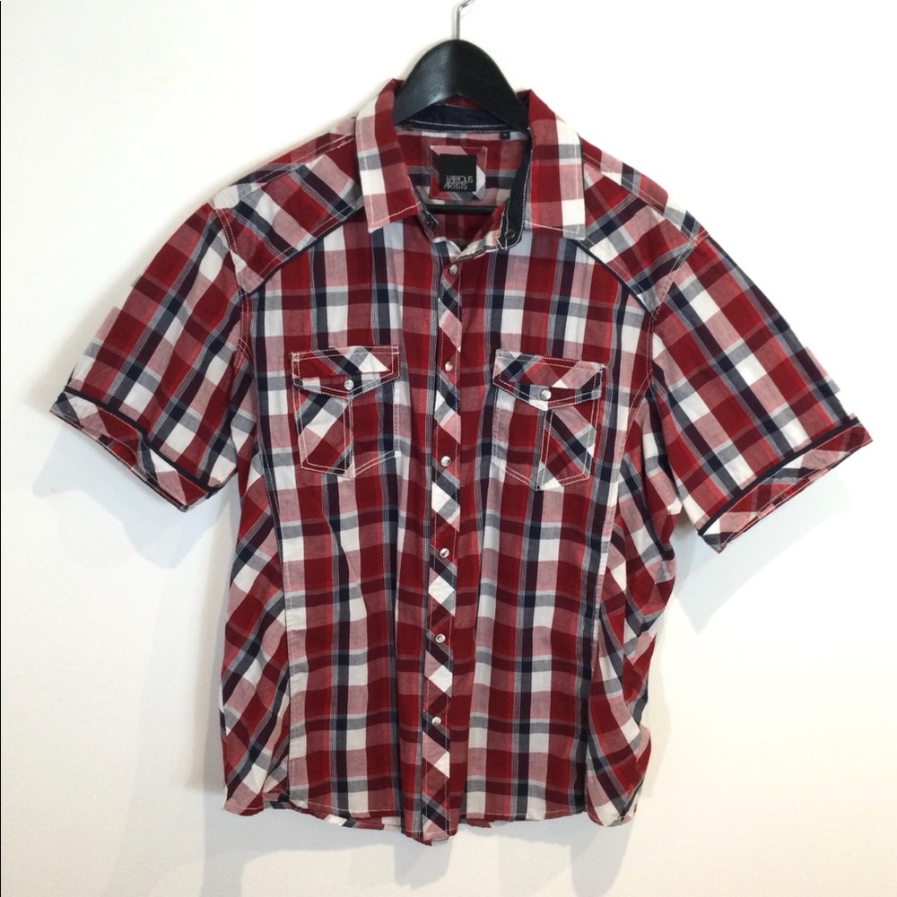 VARIOUS ARTISTS SHORT SLEEVE PEARL SNAP BUTTON DOWN SHIRT EUC SZ XL